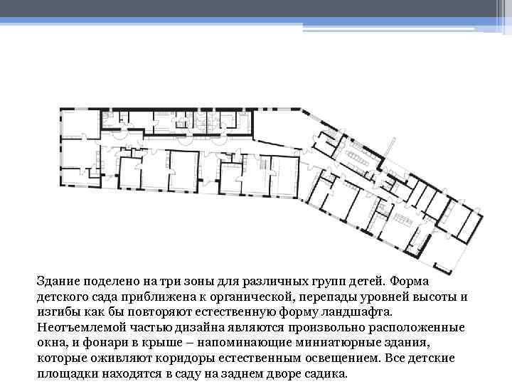 Здание поделено на три зоны для различных групп детей. Форма детского сада приближена к