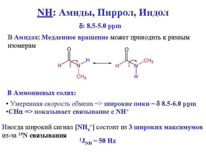 NH: Амиды, Пиррол, Индол NH d: 8. 5 -5. 0 ppm В Амидах: Медленное