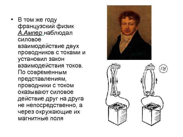  • В том же году французский физик А. Ампер наблюдал силовое взаимодействие двух