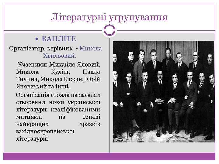 Літературні угрупування ВАПЛІТЕ Організатор, керівник Микола Хвильовий. Учасники: Михайло Яловий, Микола Куліш, Павло Тичина,