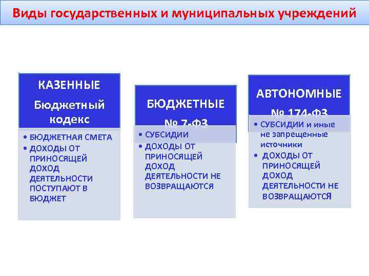 Виды государственных и муниципальных учреждений КАЗЕННЫЕ Бюджетный кодекс • БЮДЖЕТНАЯ СМЕТА • ДОХОДЫ ОТ