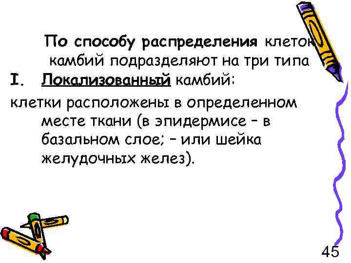 По способу распределения клеток камбий подразделяют на три типа I. Локализованный камбий: клетки расположены