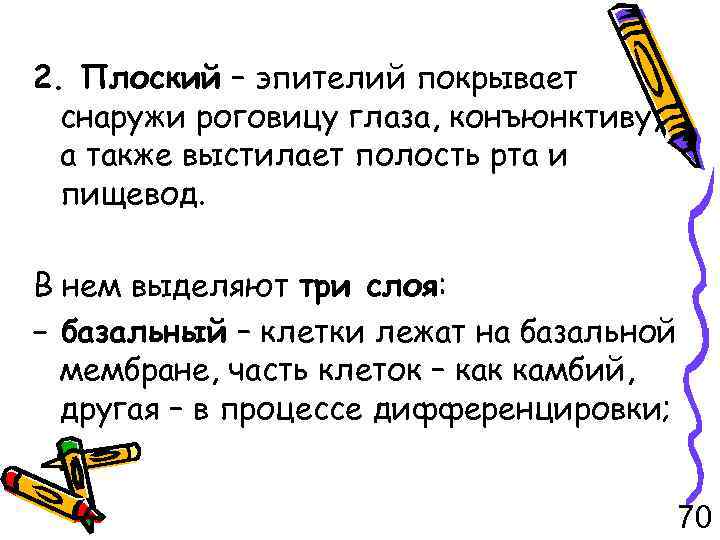 2. Плоский – эпителий покрывает снаружи роговицу глаза, конъюнктиву, а также выстилает полость рта