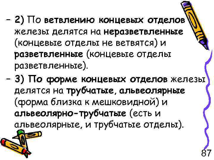 – 2) По ветвлению концевых отделов железы делятся на неразветвленные (концевые отделы не ветвятся)