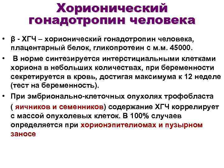 Хорионический гонадотропин человека • β - ХГЧ – хорионический гонадотропин человека, плацентарный белок, гликопротеин
