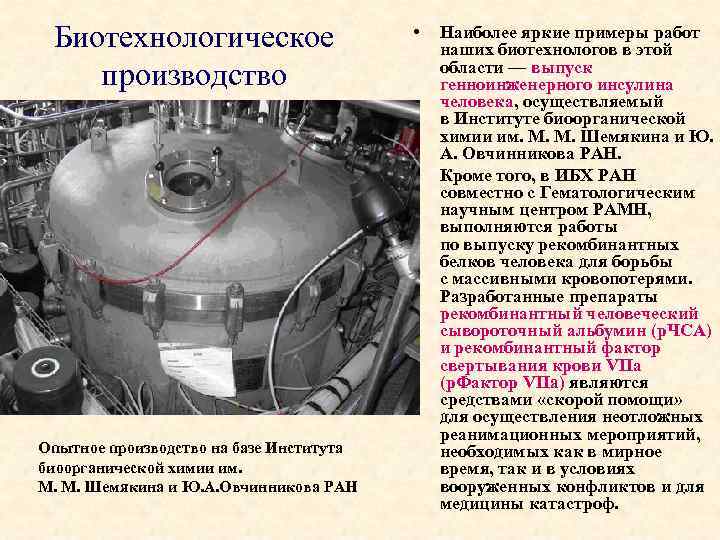 Биотехнологическое производство • • Опытное производство на базе Института биоорганической химии им. М. М.