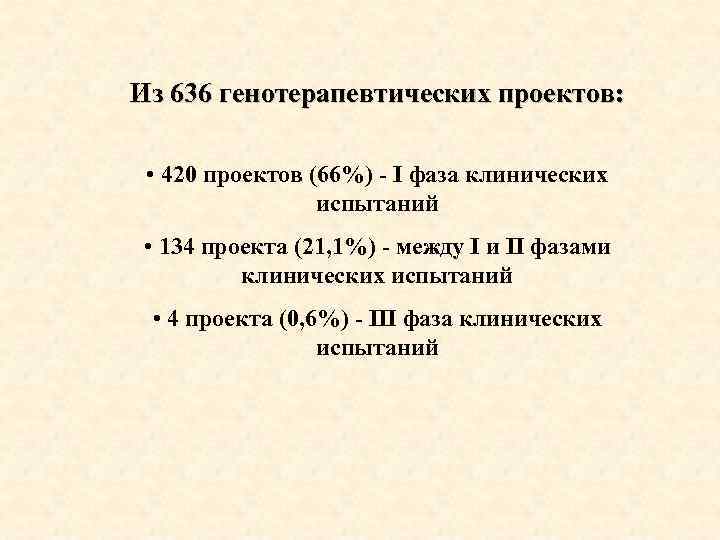 Из 636 генотерапевтических проектов: • 420 проектов (66%) - I фаза клинических испытаний •