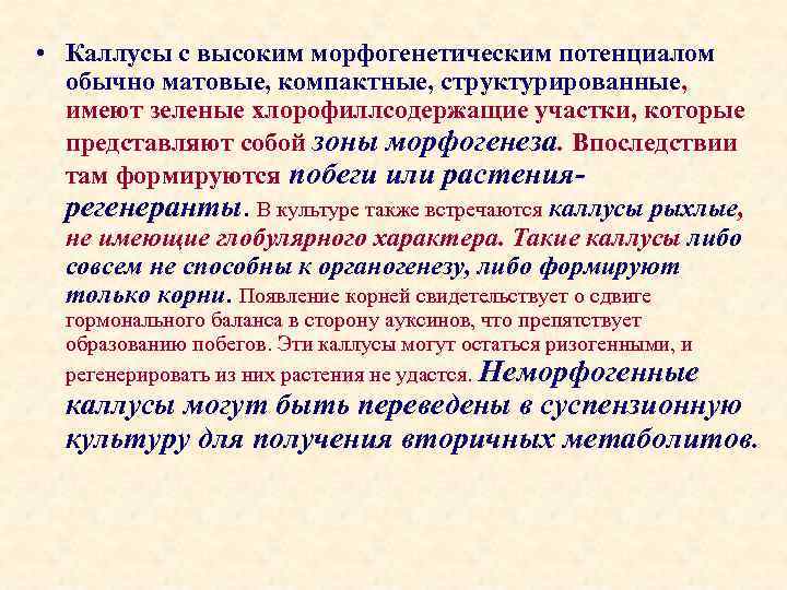  • Каллусы с высоким морфогенетическим потенциалом обычно матовые, компактные, структурированные, имеют зеленые хлорофиллсодержащие