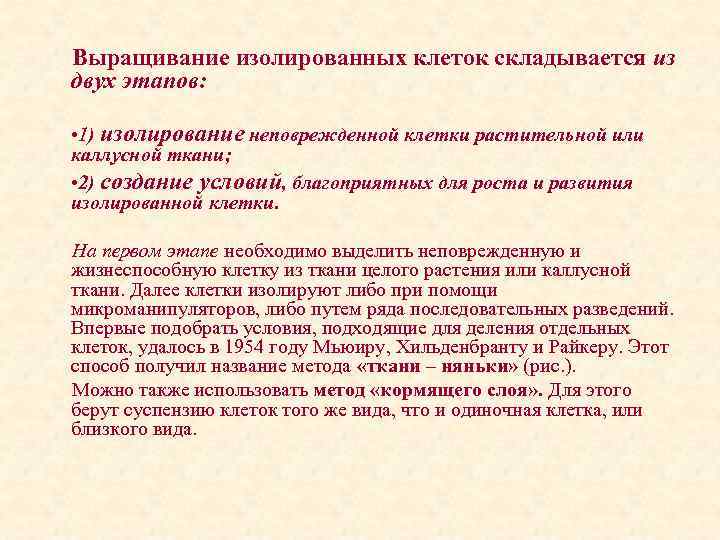Выращивание изолированных клеток складывается из двух этапов: • 1) изолирование неповрежденной клетки растительной или