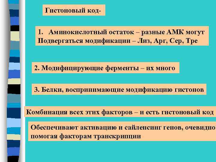 Гистоновый код- 1. Аминокислотный остаток – разные АМК могут Подвергаться модификации – Лиз, Арг,