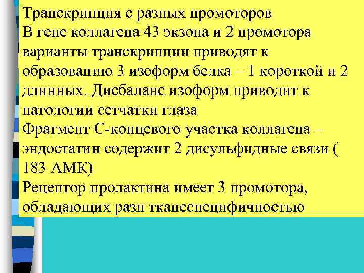 Транскрипция с разных промоторов В гене коллагена 43 экзона и 2 промотора варианты транскрипции