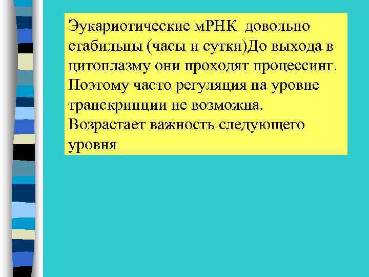 Эукариотические м. РНК довольно стабильны (часы и сутки)До выхода в цитоплазму они проходят процессинг.