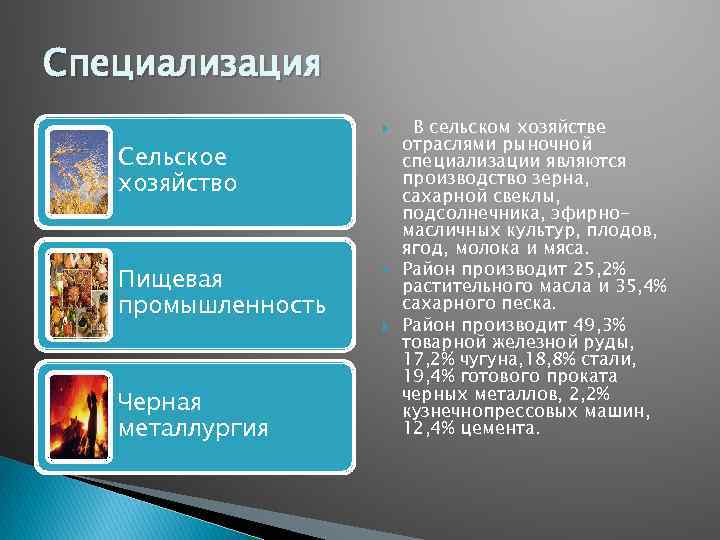 Специализация Сельское хозяйство Пищевая промышленность Черная металлургия В сельском хозяйстве отраслями рыночной специализации являются