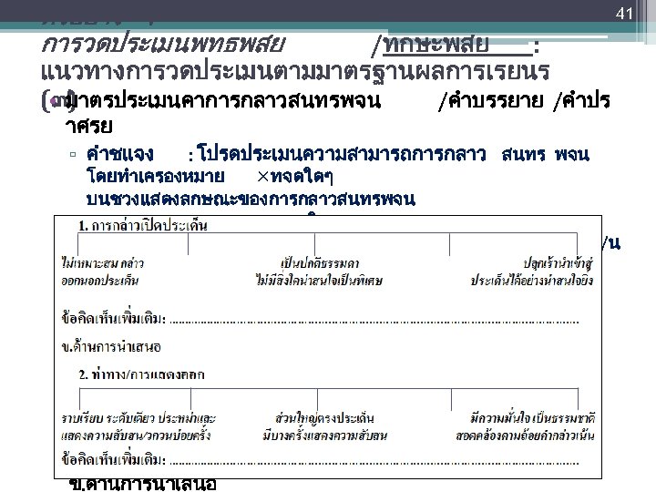 ตวอยาง : การวดประเมนพทธพสย 41 /ทกษะพสย : แนวทางการวดประเมนตามมาตรฐานผลการเรยนร (๗) • มาตรประเมนคาการกลาวสนทรพจน /คำบรรยาย /คำปร าศรย ▫