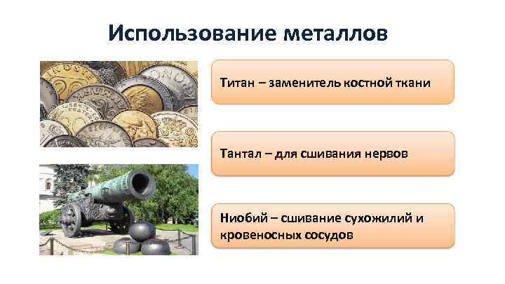 Использование металлов Титан – заменитель костной ткани Тантал – для сшивания нервов Ниобий –