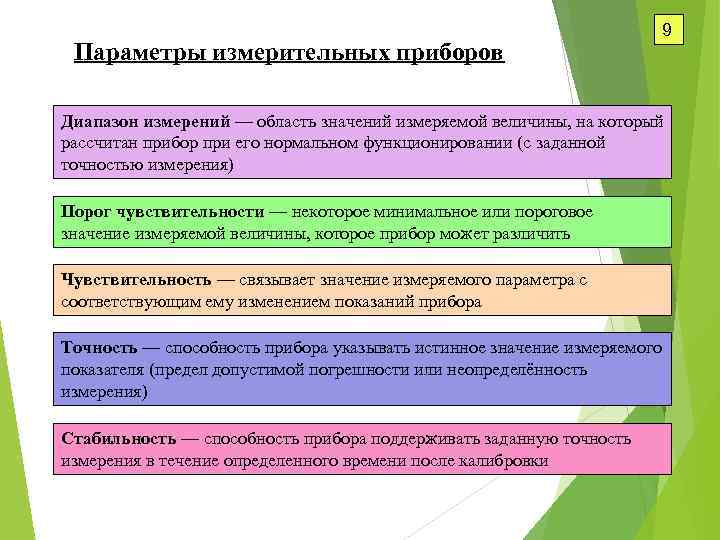 Параметры измерительных приборов 9 Диапазон измерений — область значений измеряемой величины, на который рассчитан