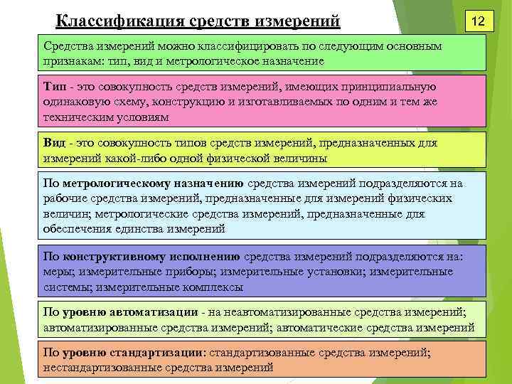 Классификация средств измерений 12 Средства измерений можно классифицировать по следующим основным признакам: тип, вид
