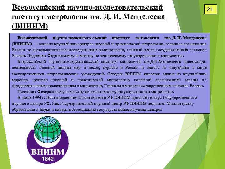 Всероссийский научно-исследовательский институт метрологии им. Д. И. Менделеева (ВНИИМ) 21 Всероссийский научно-исследовательский институт метрологии