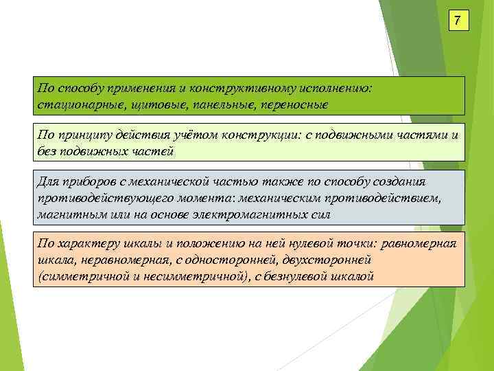 7 По способу применения и конструктивному исполнению: стационарные, щитовые, панельные, переносные По принципу действия