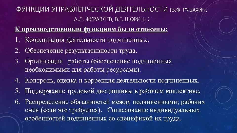ФУНКЦИИ УПРАВЛЕНЧЕСКОЙ ДЕЯТЕЛЬНОСТИ (В. Ф. РУБАХИН, А. Л. ЖУРАВЛЕВ, В. Г. ШОРИН) : К