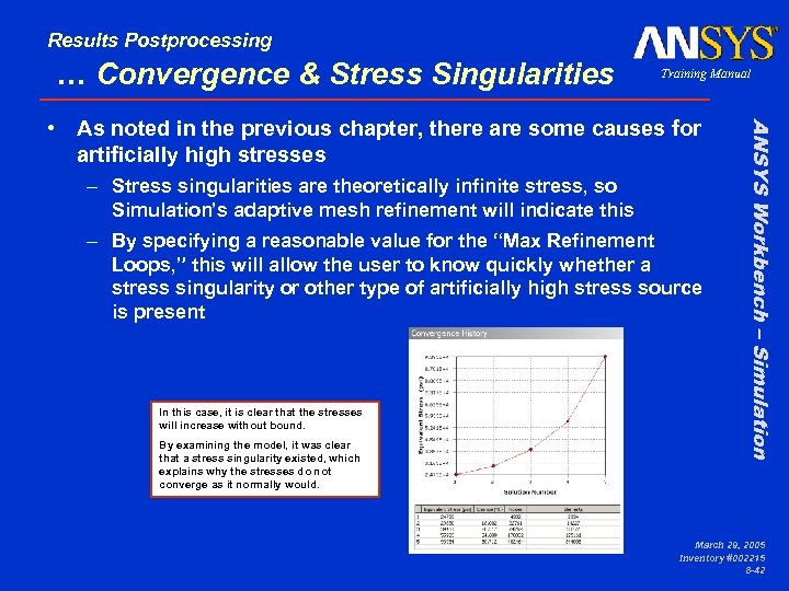 Results Postprocessing … Convergence & Stress Singularities Training Manual – Stress singularities are theoretically