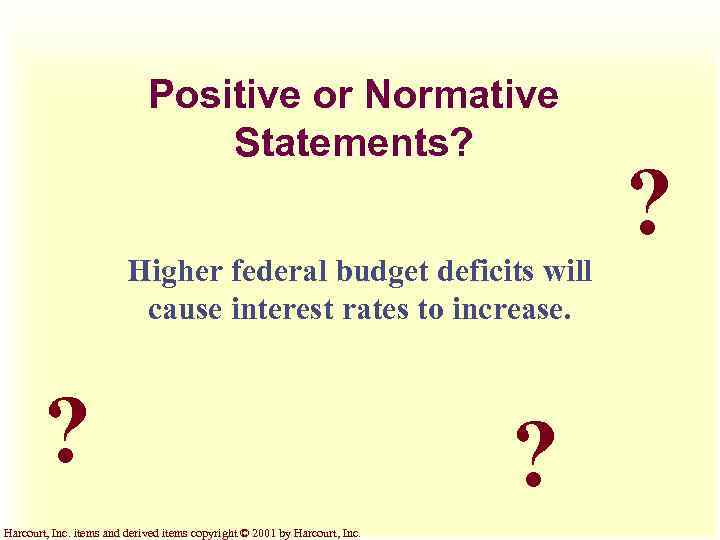 Positive or Normative Statements? Higher federal budget deficits will cause interest rates to increase.
