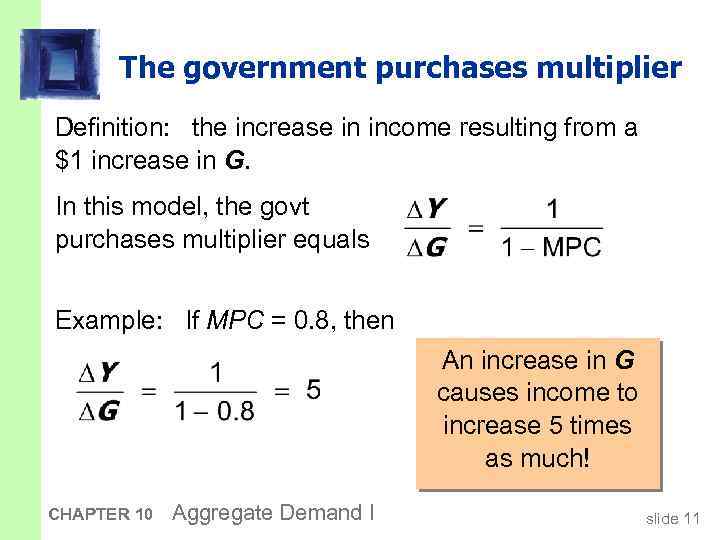 The government purchases multiplier Definition: the increase in income resulting from a $1 increase