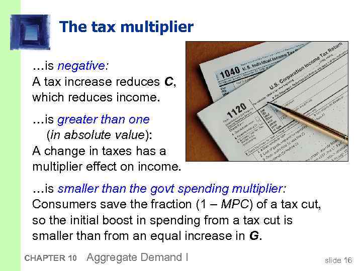 The tax multiplier …is negative: A tax increase reduces C, which reduces income. …is