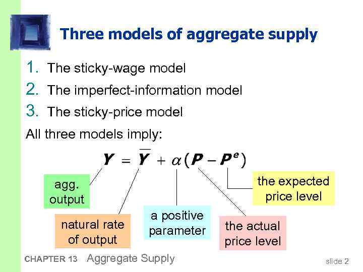 Three models of aggregate supply 1. The sticky-wage model 2. The imperfect-information model 3.