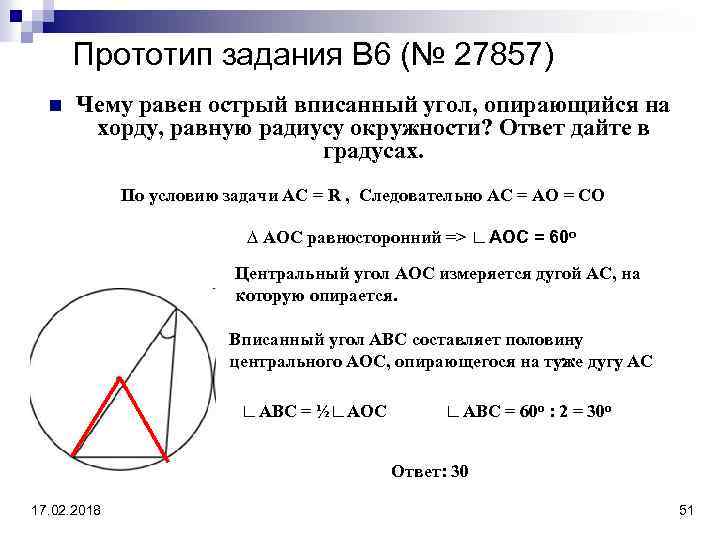 Вписанный угол опирающийся на радиус равен