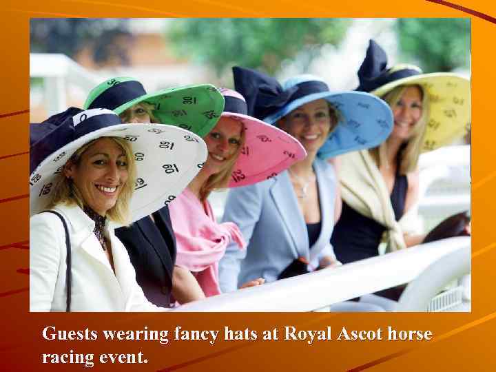 Guests wearing fancy hats at Royal Ascot horse racing event. 
