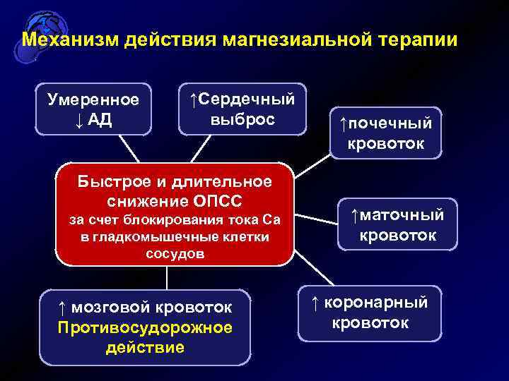 Механизм действия магнезиальной терапии Умеренное ↓ АД ↑Сердечный выброс Быстрое и длительное снижение ОПСС