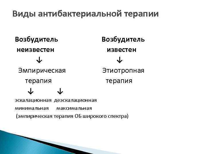 Принципы выбора антимикробной терапии (эмпирический и этиотропный). Виды антибактериальной терапии. Эмпирическая антибактериальная терапия. Виды противомикробной терапии.