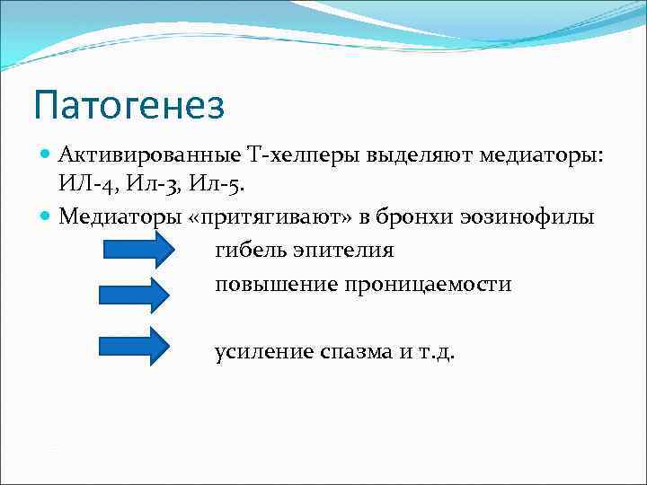 Патогенез Активированные Т-хелперы выделяют медиаторы: ИЛ-4, Ил-3, Ил-5. Медиаторы «притягивают» в бронхи эозинофилы гибель