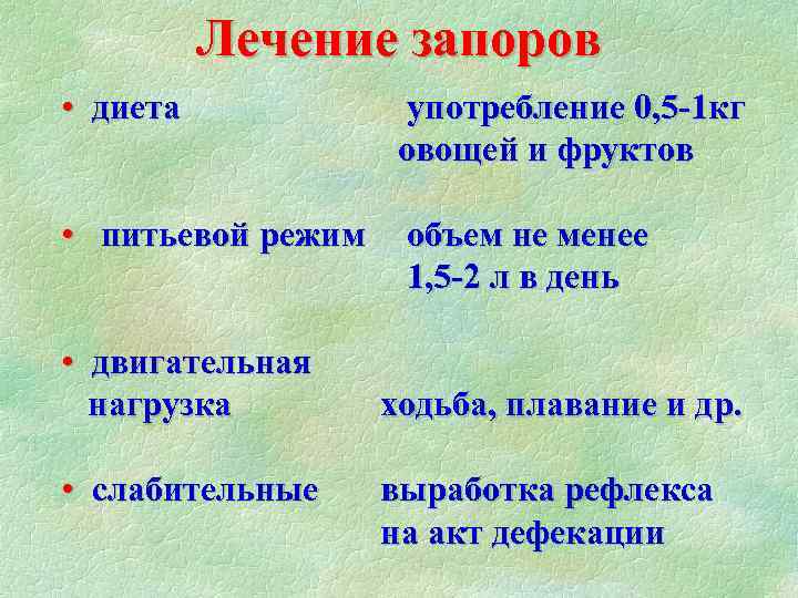 Лечение запоров • диета употребление 0, 5 -1 кг овощей и фруктов • питьевой