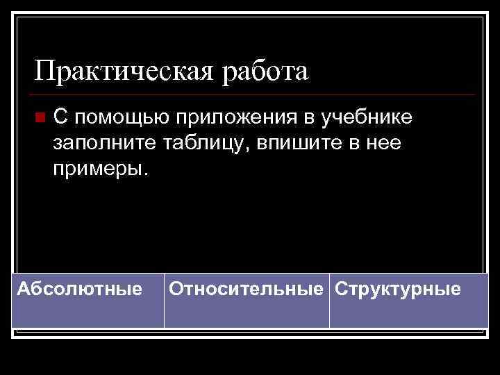 Практическая работа n С помощью приложения в учебнике заполните таблицу, впишите в нее примеры.