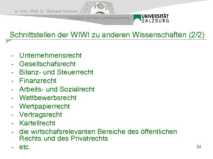 o. Univ. -Prof. Dr. Richard Hammer FB Sozial- und Wirtschaftswissenschaften Schnittstellen der WIWI zu