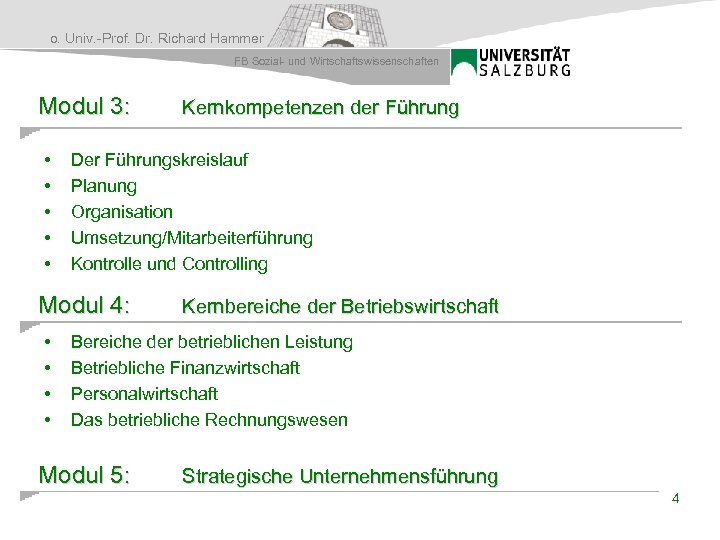 o. Univ. -Prof. Dr. Richard Hammer FB Sozial- und Wirtschaftswissenschaften Modul 3: • •