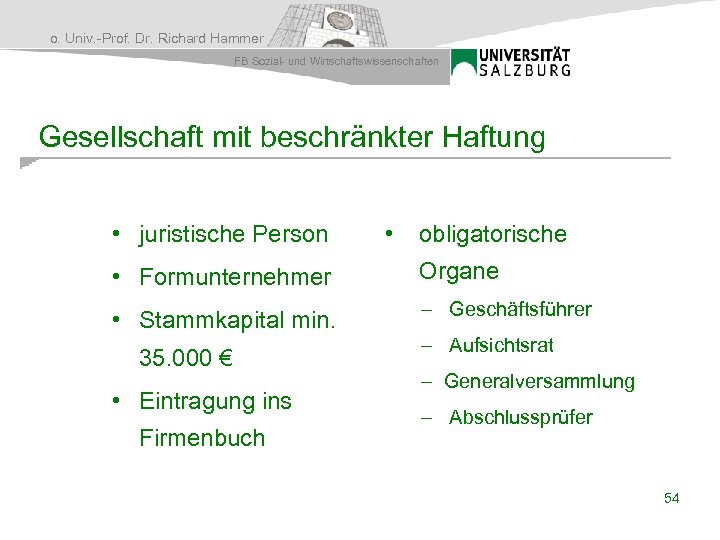 o. Univ. -Prof. Dr. Richard Hammer FB Sozial- und Wirtschaftswissenschaften Gesellschaft mit beschränkter Haftung