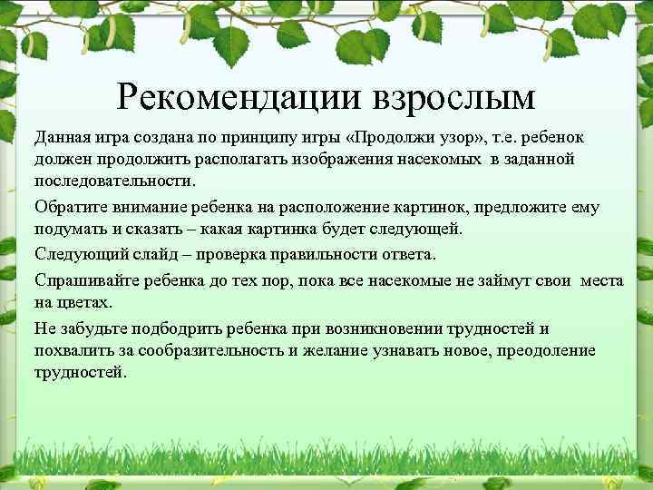 Рекомендации взрослым Данная игра создана по принципу игры «Продолжи узор» , т. е. ребенок