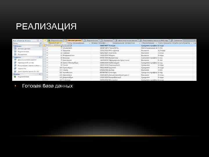 РЕАЛИЗАЦИЯ • Готовая база данных 