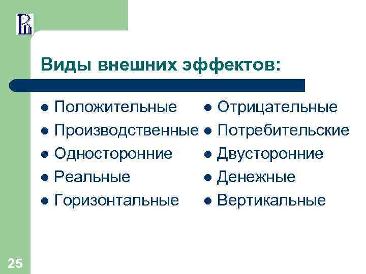 Виды внешних эффектов: Положительные l Отрицательные l Производственные l Потребительские l Односторонние l Двусторонние