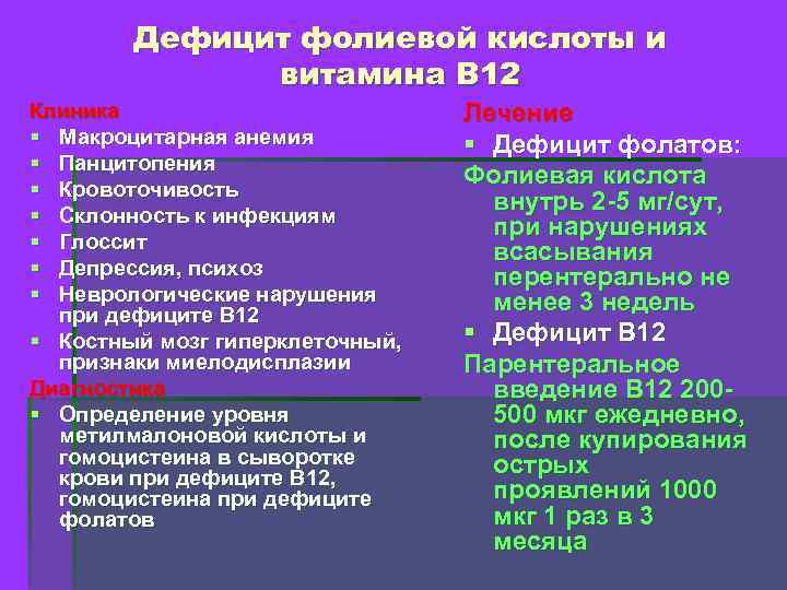 Дефицит фолиевой кислоты и витамина В 12 Клиника § Макроцитарная анемия § Панцитопения §