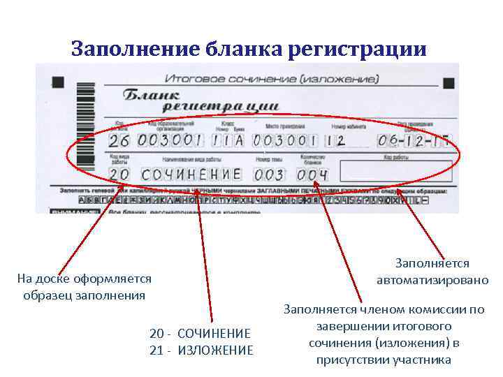 Заполнение бланка регистрации  На доске оформляется образец заполнения 20 - СОЧИНЕНИЕ 21 -