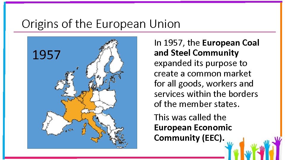 Origins of the European Union 1957 In 1957, the European Coal and Steel Community