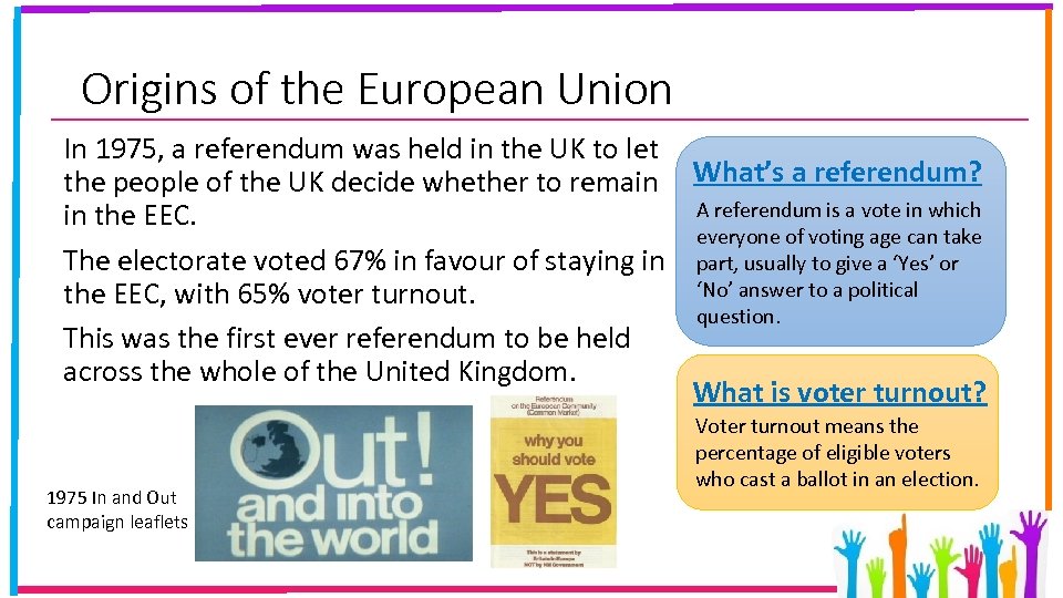 Origins of the European Union In 1975, a referendum was held in the UK