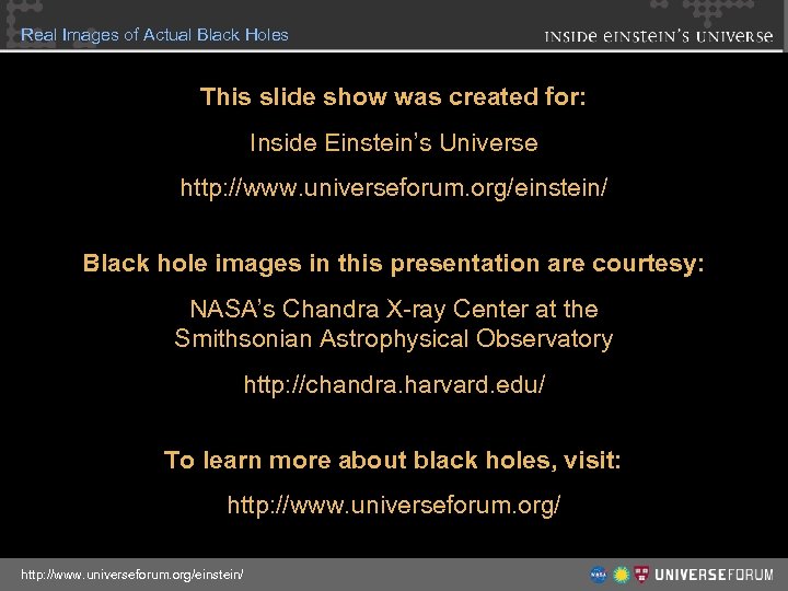 Real Images of Actual Black Holes Credits This slide show was created for: Inside