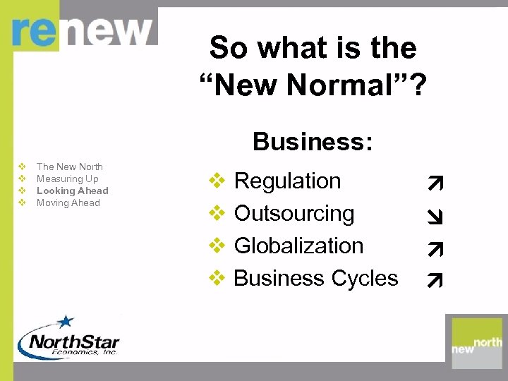 So what is the “New Normal”? Business: v v The New North Measuring Up