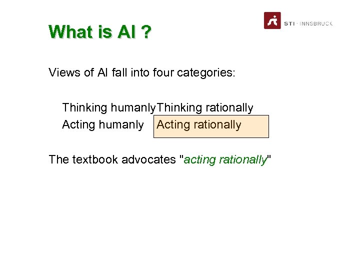 What is AI ? Views of AI fall into four categories: Thinking humanly. Thinking
