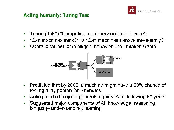 Acting humanly: Turing Test • Turing (1950) 